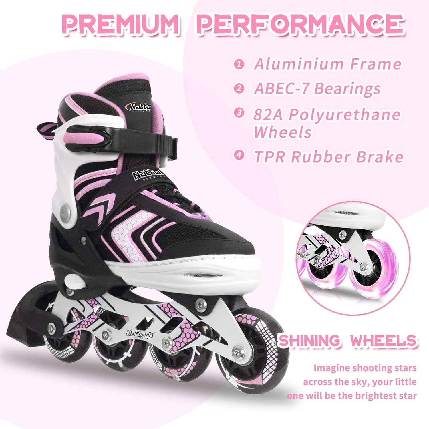 Nattork Adjustable Inline Skates for Girls and Boys with Full Light up Wheels, Beginner Roller Skates for Kids Youth Purple Pink Blue Black
